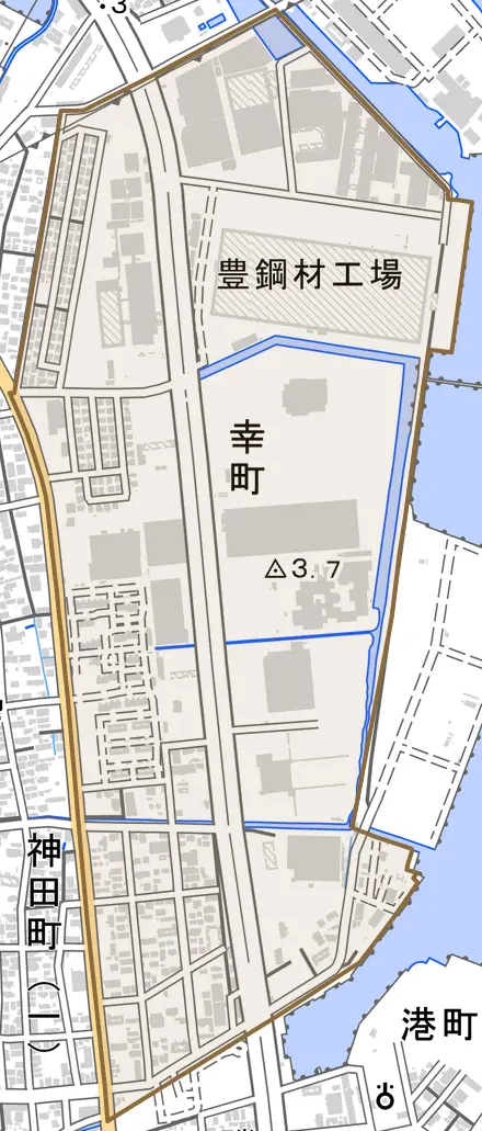 幸町とその周辺の地図。町の範囲を重ねている