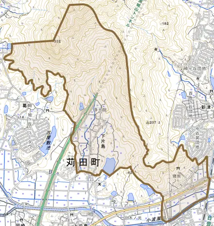 大字下片島とその周辺の地図。町の範囲を重ねている