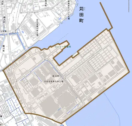 新浜町とその周辺の地図。町の範囲を重ねている