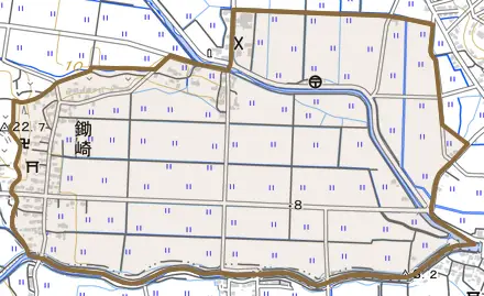 大字鋤崎とその周辺の地図。町の範囲を重ねている