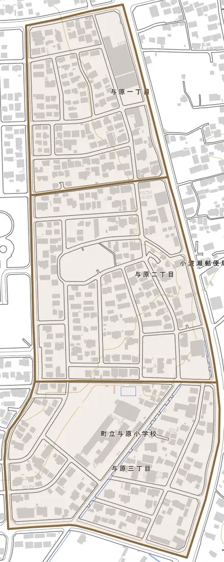 与原とその周辺の地図。町の範囲を重ねている