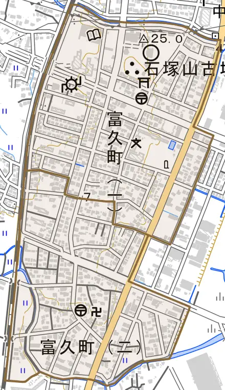 富久町とその周辺の地図。町の範囲を重ねている