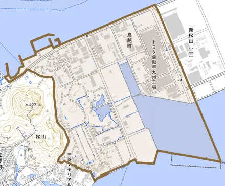 鳥越町とその周辺の地図。町の範囲を重ねている