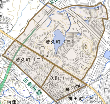 若久町とその周辺の地図。町の範囲を重ねている