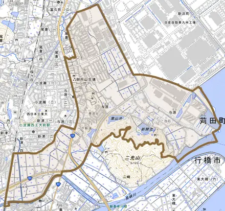 大字与原とその周辺の地図。町の範囲を重ねている