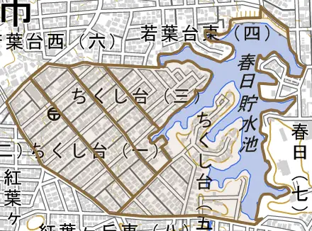 ちくし台とその周辺の地図。町の範囲を重ねている