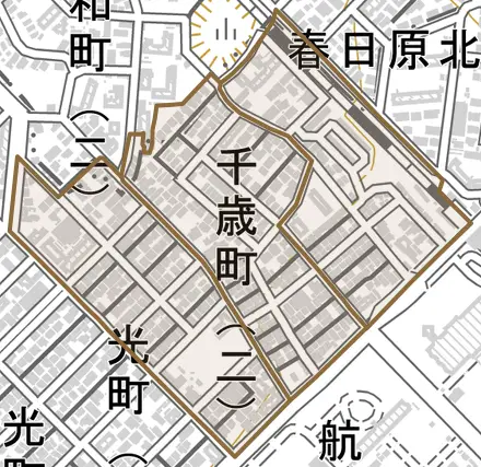 千歳町とその周辺の地図。町の範囲を重ねている