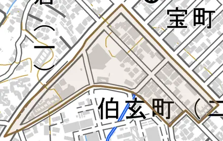伯玄町とその周辺の地図。町の範囲を重ねている