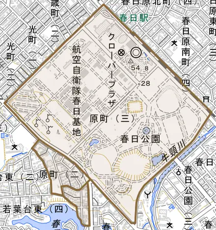 原町とその周辺の地図。町の範囲を重ねている