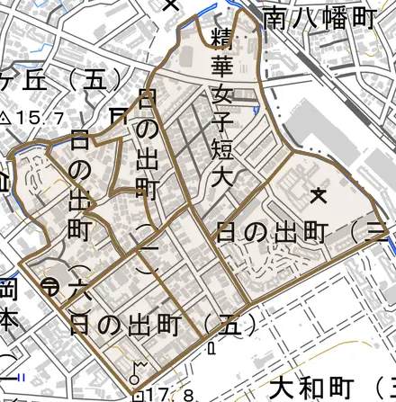日の出町とその周辺の地図。町の範囲を重ねている