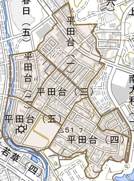 平田台とその周辺の地図。町の範囲を重ねている