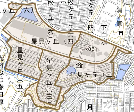 星見ヶ丘とその周辺の地図。町の範囲を重ねている