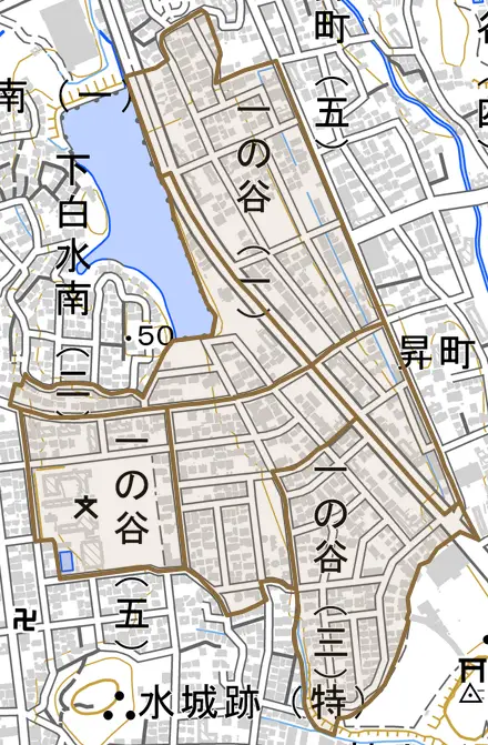 一の谷とその周辺の地図。町の範囲を重ねている