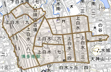 上白水とその周辺の地図。町の範囲を重ねている