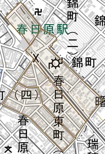 春日原東町とその周辺の地図。町の範囲を重ねている