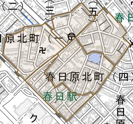 春日原北町とその周辺の地図。町の範囲を重ねている