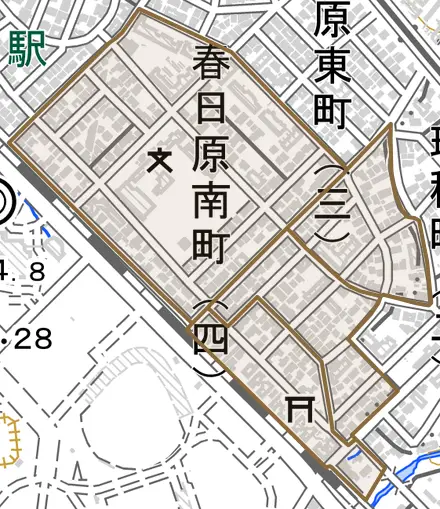 春日原南町とその周辺の地図。町の範囲を重ねている