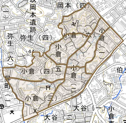 小倉とその周辺の地図。町の範囲を重ねている
