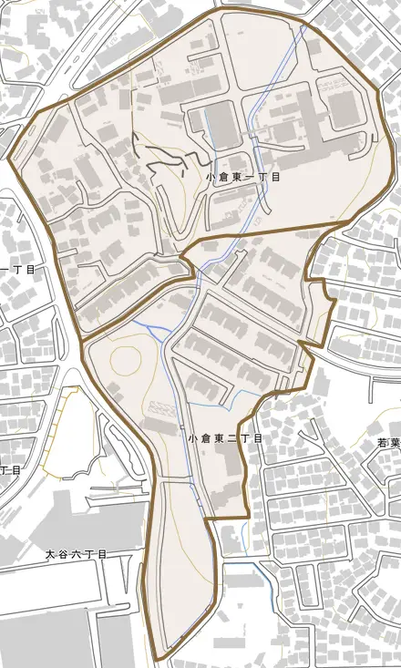 小倉東とその周辺の地図。町の範囲を重ねている