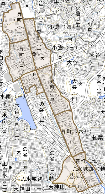 昇町とその周辺の地図。町の範囲を重ねている