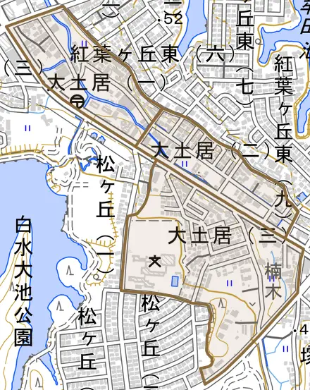 大土居とその周辺の地図。町の範囲を重ねている