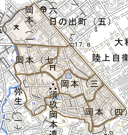 岡本とその周辺の地図。町の範囲を重ねている