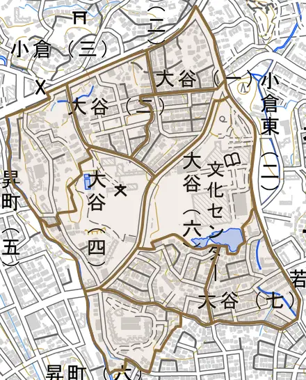 大谷とその周辺の地図。町の範囲を重ねている