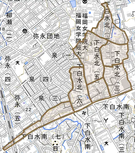 下白水北とその周辺の地図。町の範囲を重ねている
