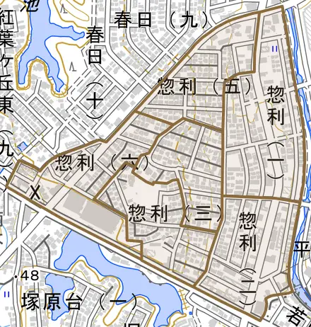 惣利とその周辺の地図。町の範囲を重ねている