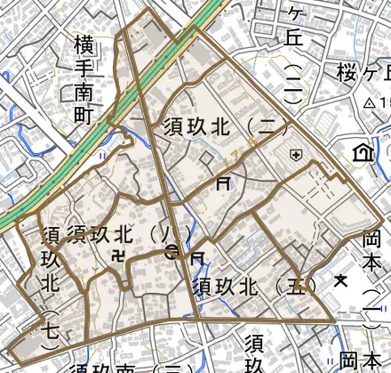 須玖北とその周辺の地図。町の範囲を重ねている
