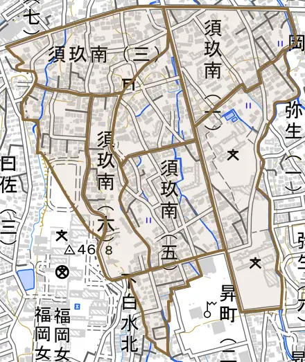須玖南とその周辺の地図。町の範囲を重ねている