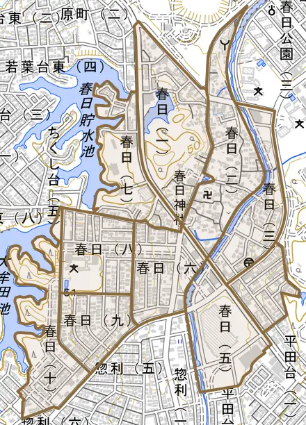 春日とその周辺の地図。町の範囲を重ねている