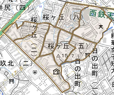 桜ヶ丘とその周辺の地図。町の範囲を重ねている