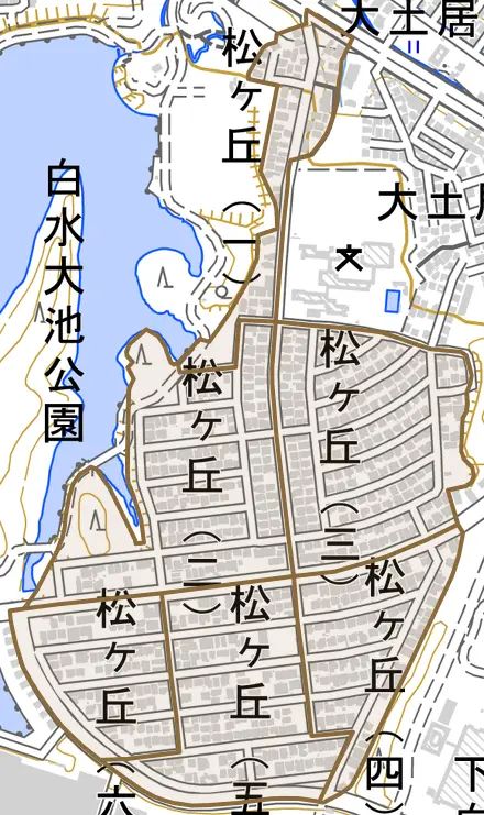 松ヶ丘とその周辺の地図。町の範囲を重ねている