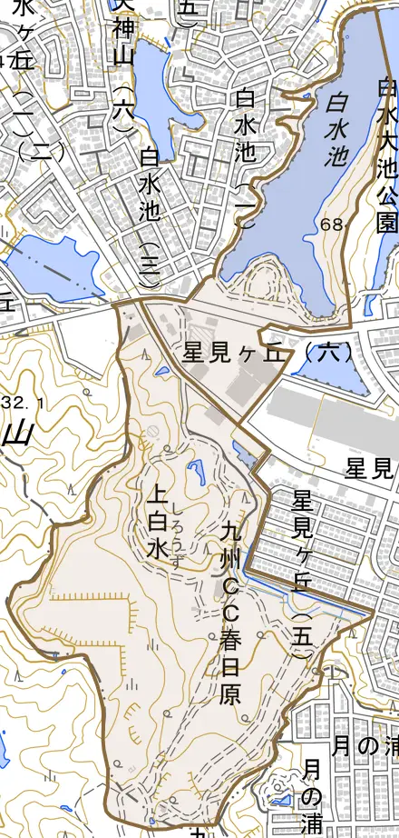 大字上白水とその周辺の地図。町の範囲を重ねている