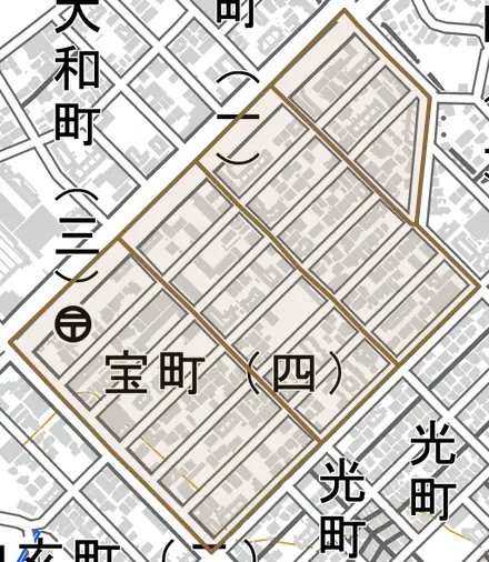 宝町とその周辺の地図。町の範囲を重ねている