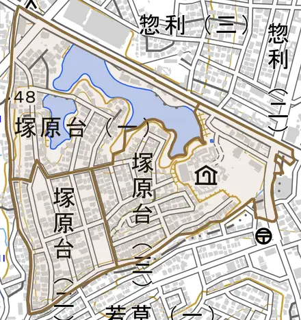 塚原台とその周辺の地図。町の範囲を重ねている