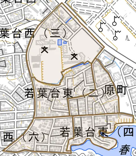 若葉台東とその周辺の地図。町の範囲を重ねている