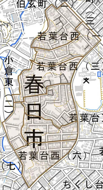 若葉台西とその周辺の地図。町の範囲を重ねている