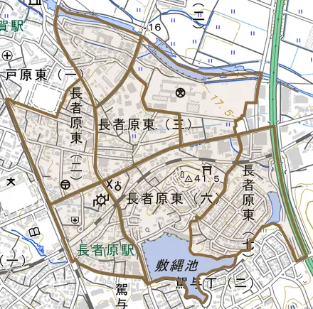 長者原東とその周辺の地図。町の範囲を重ねている