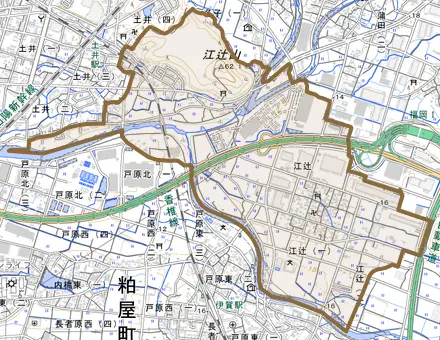 大字江辻とその周辺の地図。町の範囲を重ねている