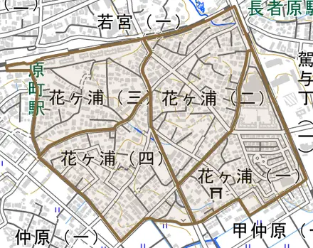 花ヶ浦とその周辺の地図。町の範囲を重ねている