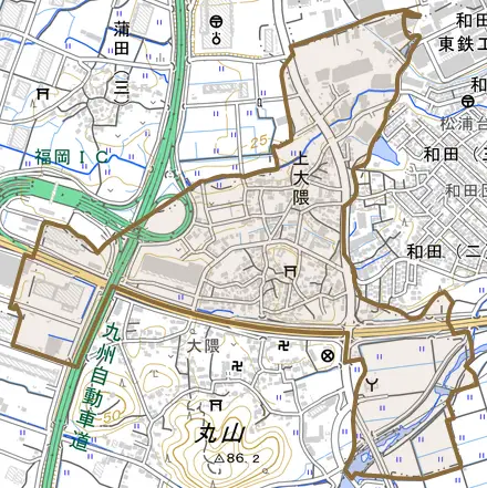 大字上大隈とその周辺の地図。町の範囲を重ねている
