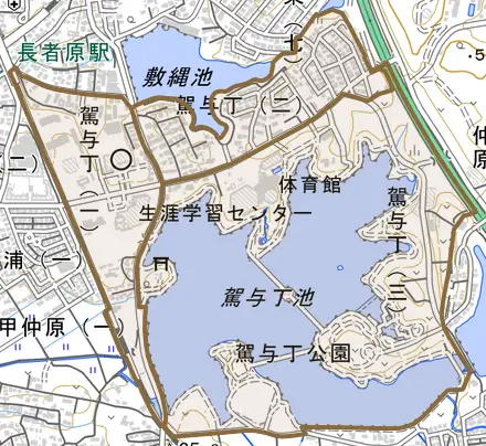 駕与丁とその周辺の地図。町の範囲を重ねている