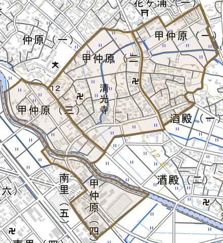 甲仲原とその周辺の地図。町の範囲を重ねている