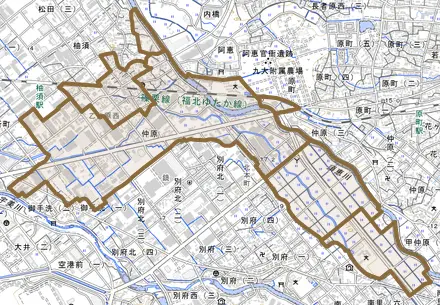 大字仲原とその周辺の地図。町の範囲を重ねている