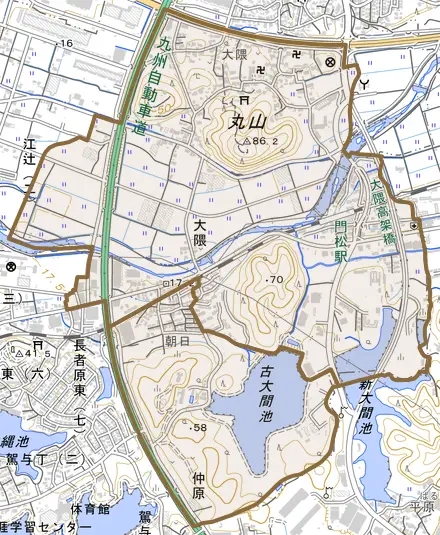大字大隈とその周辺の地図。町の範囲を重ねている