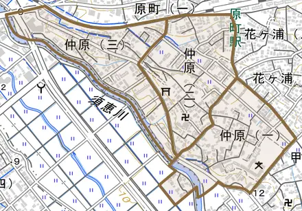 仲原とその周辺の地図。町の範囲を重ねている
