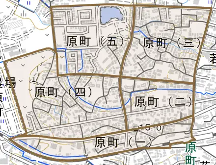 原町とその周辺の地図。町の範囲を重ねている