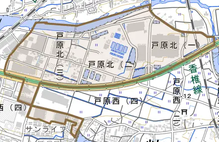 大字戸原とその周辺の地図。町の範囲を重ねている